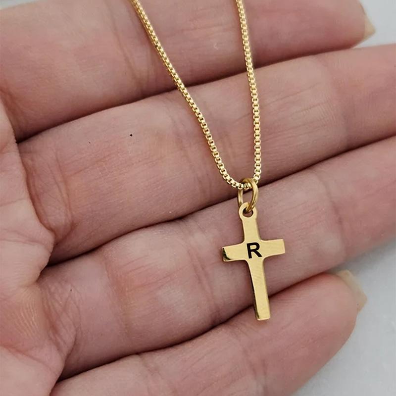 Engraved 26 Initial Letter Cross Pendant Necklace For Boys Girls Gold Plated Stainless Steel Children Jewelry