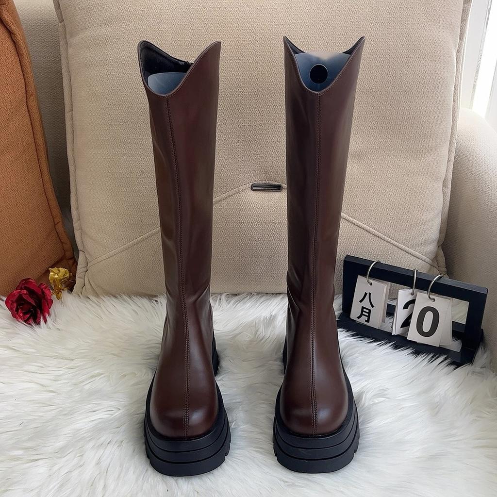 Quality Long Women Boots Flats Platform Knee High Leather Shoes Chelsea High Boots New Goth Trend Walking Fashion Mujer De Botas