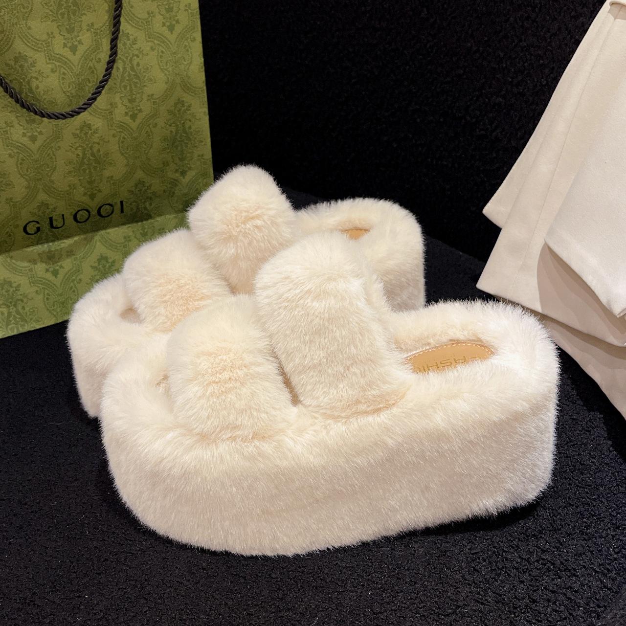 

Супер толстая подошва 9 см пушистые тапочки женские осенне-зимние новые корейская версия универсальные домашние комнатные хлопковые тапочки на одном слове 39 бежевый