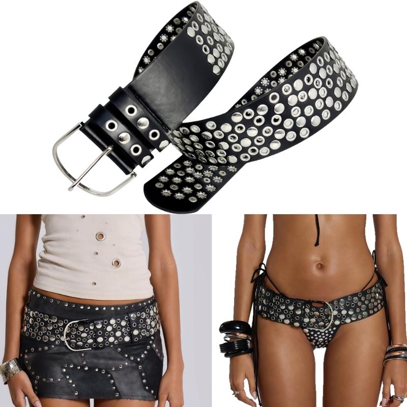 PU Leather Waist Belt with Studded Rivets Adjustable Waist Strap for Casual Outfits Gothic Punk Fashion Accessory