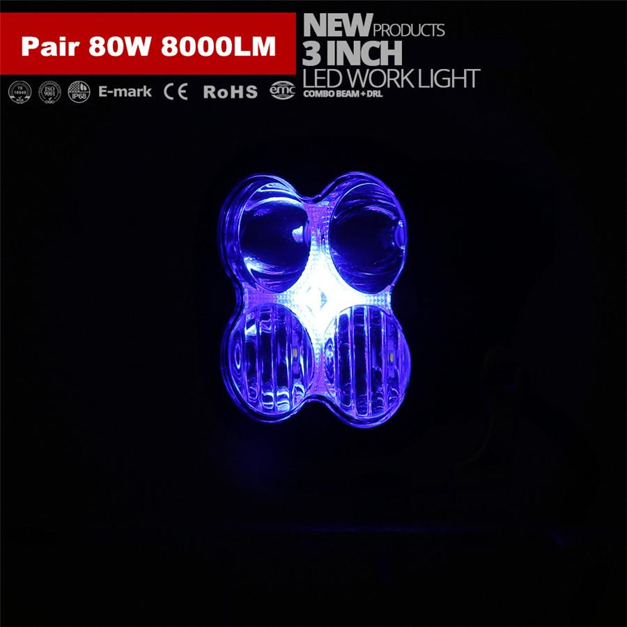 2pcs 3.1" 80W 8000LM LED Work Light Bar Combo Off Road Driving Fog Lamp Super Br