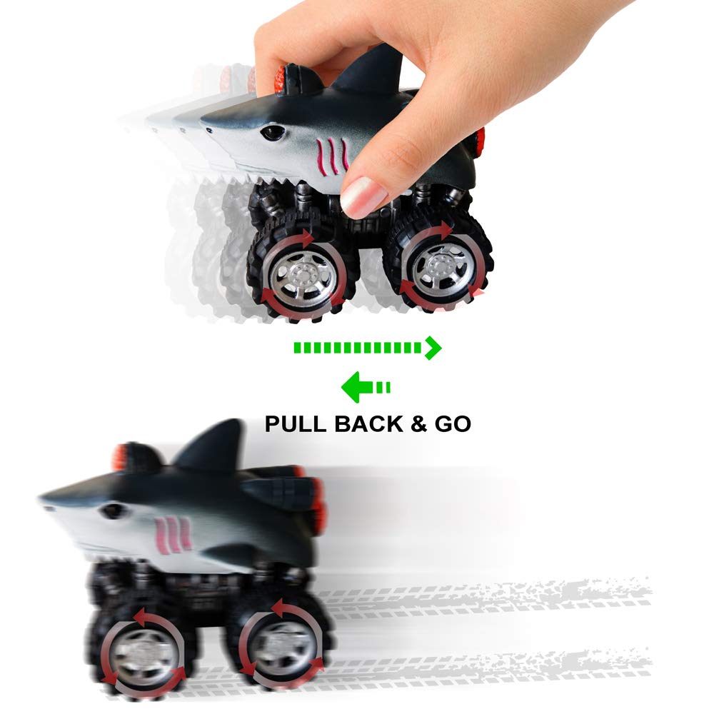 Pull Back Dinosaur Car Toy Monster Truck Vehicle Playset (4 Sea Animal Cars)