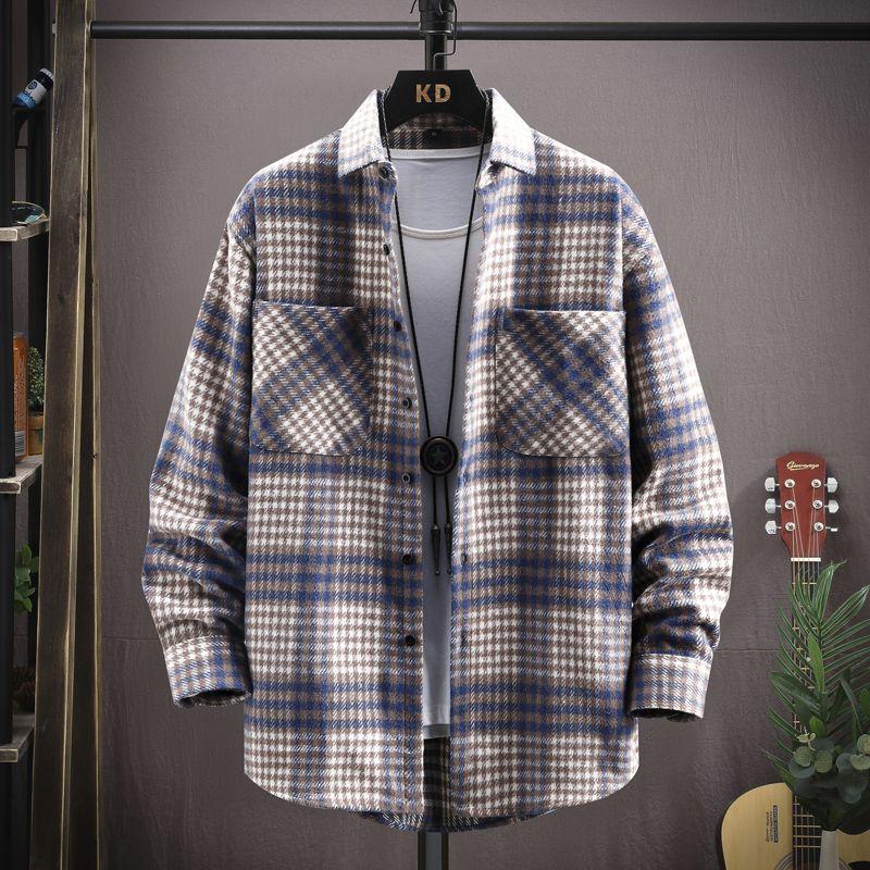 Spring Autumn Brushed Plaid Long Sleeved Trendy Shirts Workwear for Teenagers Men's Clothing Students Inner Layer Casual Coats