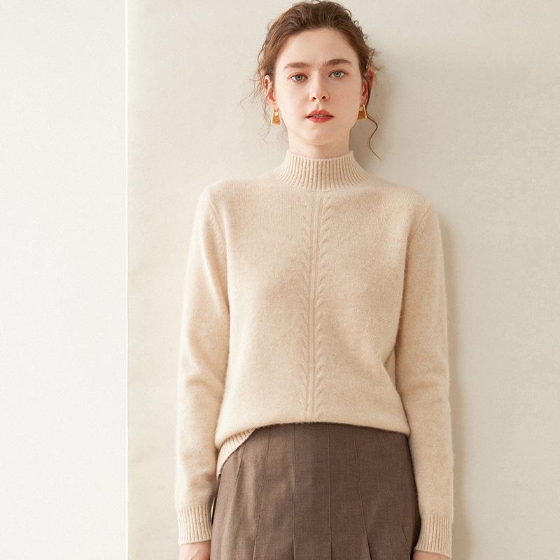Women's High Neck Cashmere Sweater - Thick Knit Solid Color Jacquard Pullover for Autumn and Winter