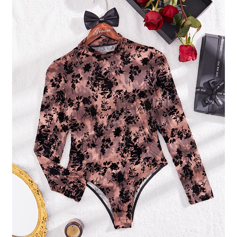 Autumn/Winter See-through Lace Mesh Long Sleeve Slim Fit Bodysuit