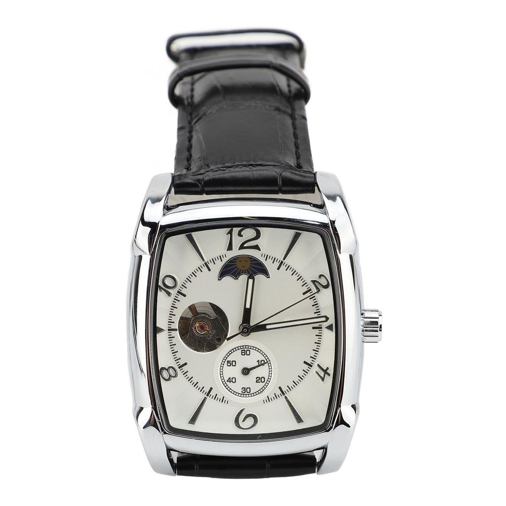 Skeleton Automatic Mechanical Wrist Watch for Men Moon Phase Self Winding Water Resistant PU Leather Strap Luxury