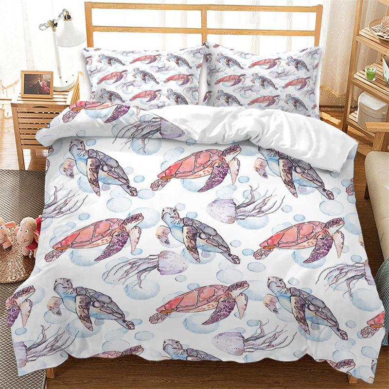 Cute Ocean Animal Duvet Cover Microfiber Marine Life Print Bedding Set Sea Turtle Coral Comforter Cover For Boys Girl Room Decor