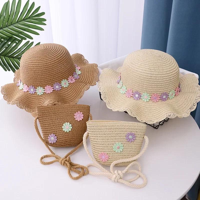 New Girls Chamomile Floral Straw Hat Handbag Sets Child Baby Straw Hat Kids Outdoor Beach Sun Bags Set Travel Holiday Sun Cap