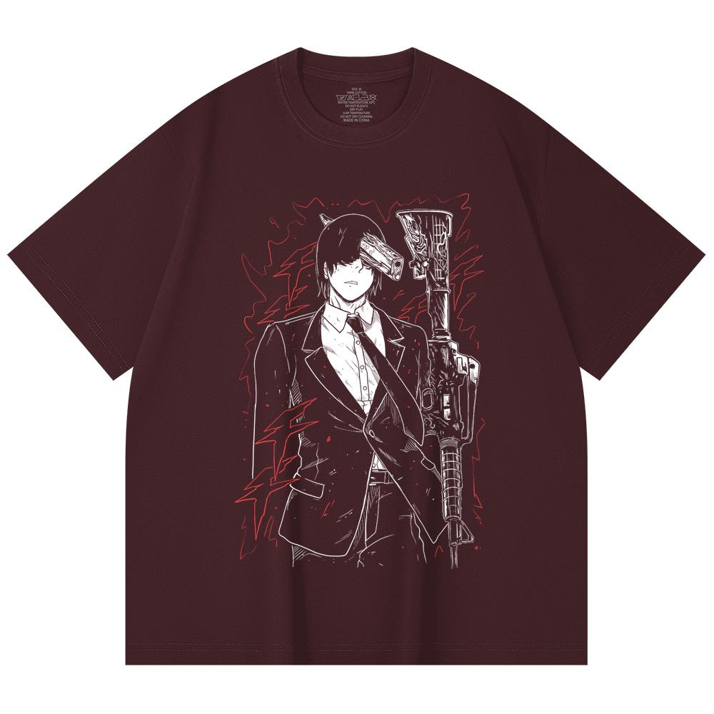 

230 Gsm 100% Cotton Chainsaw Man V30 Gun Devil Print Unisex Heavy Cotton T Shirt 2XL вина червоного кольору