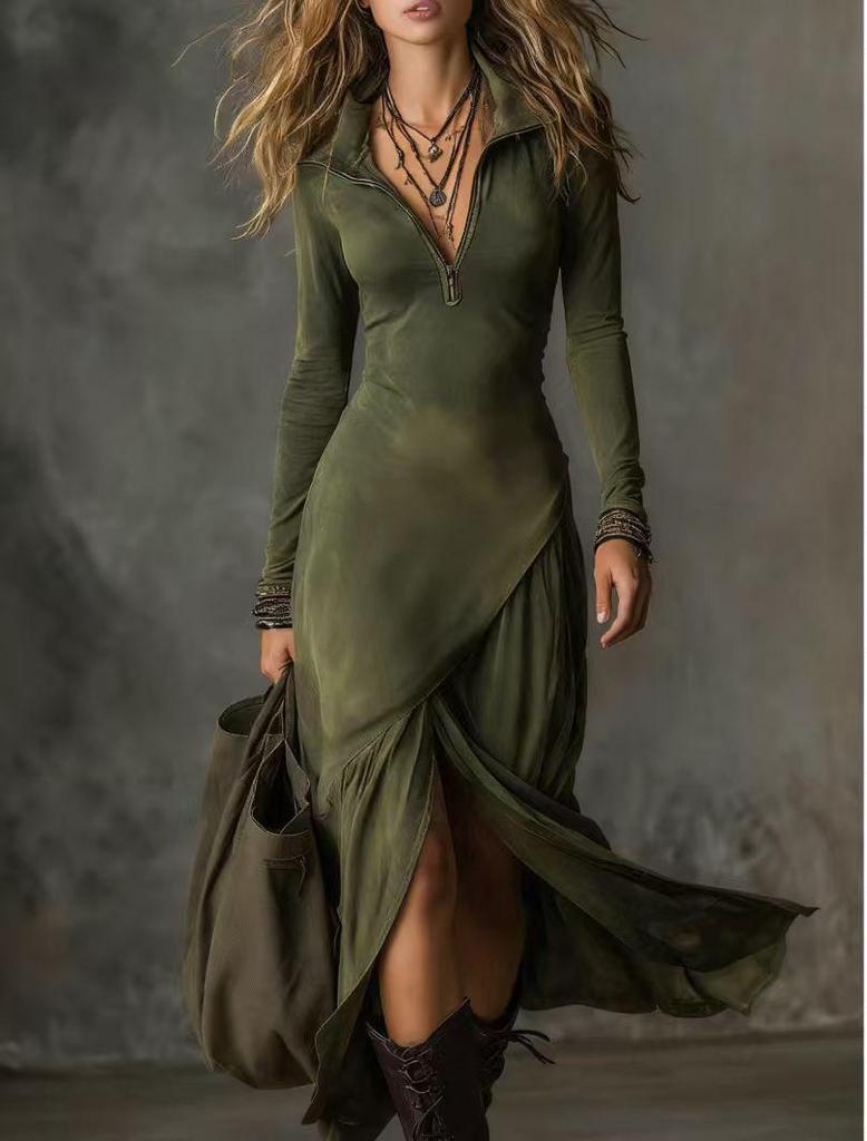 Bohemian Half-Zip Lapel Slit Mid-Length Dress - Europe & America 2026 Collection