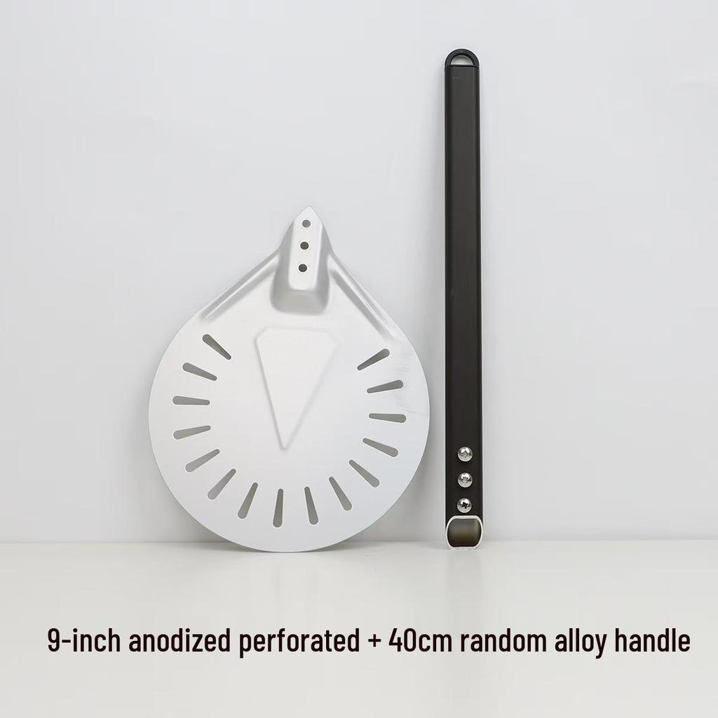 Kulatá perforovaná nerezová lopata na pizzu s dřevěnou rukojetí pro domácí pečení a přenos dortů