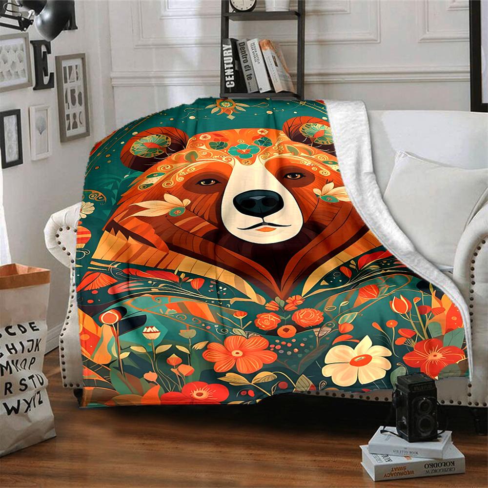 1pc Floral Bear Blanket, Lightweight Flannel Throw Blanket For Sofa, Bed, Travel, Camping, Living Room, Office, Couch, Chair, And Bed