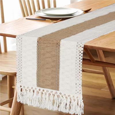 Boho Sonbahar Masa Örtüsü Çiftlik Çuval Bezi Püsküllü Pamuklu Masa Örtüsü Dokuma Makrome Ev Oturma Odası Masa Dekorasyonu