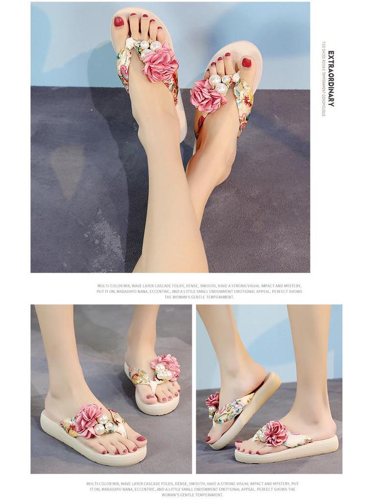 Korean Style Women's Summer Parent-Child Flower Wedge Flip-Flops: Non-Slip Thick Sole Beach Sandals for Outdoor Wear