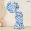 Women Plus Size Round Neck Batwing Sleeve Blue Brown Printed Ruffle Hem Top Fishtail Skirt Two Piece Set