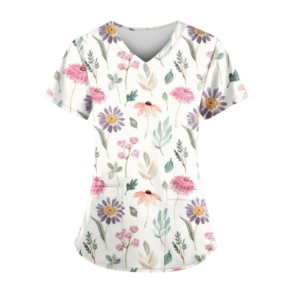 Damesykepleieruniformer Mote Blomstertrykk Sommer Casual V-hals Kort ermet T-skjorte Lett Tannlege Veterinær Klinisk Uniform Kvinne