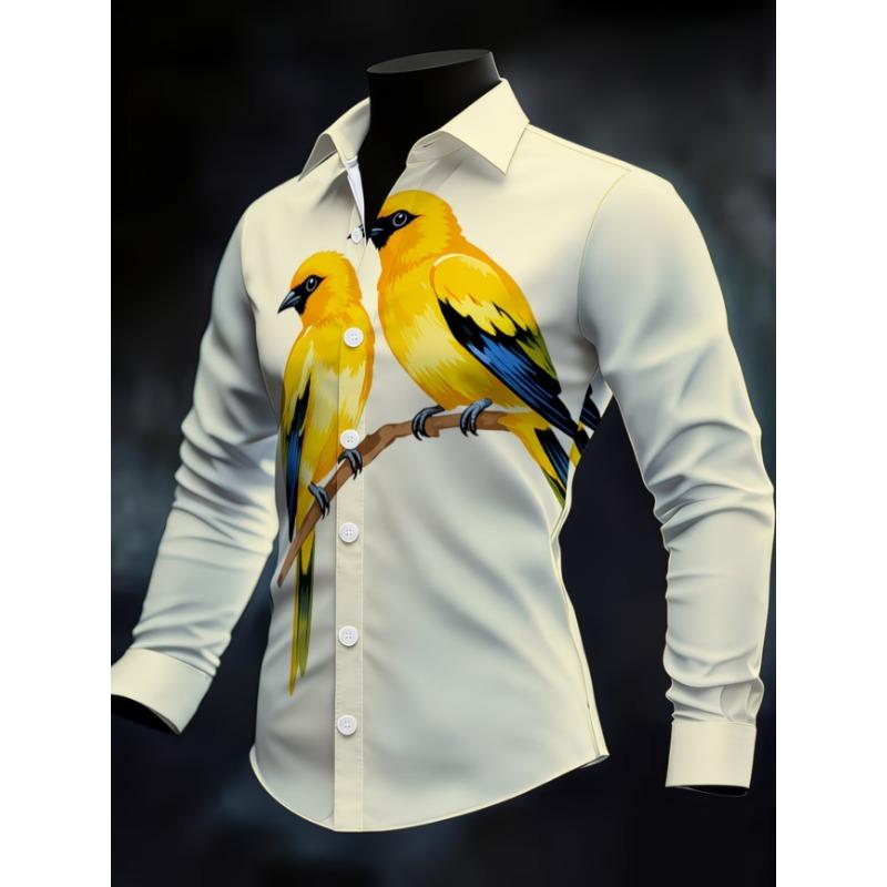 New men's casual shirt long sleeved slim fit 3D bird print shirt fashionable casual men's pattern top