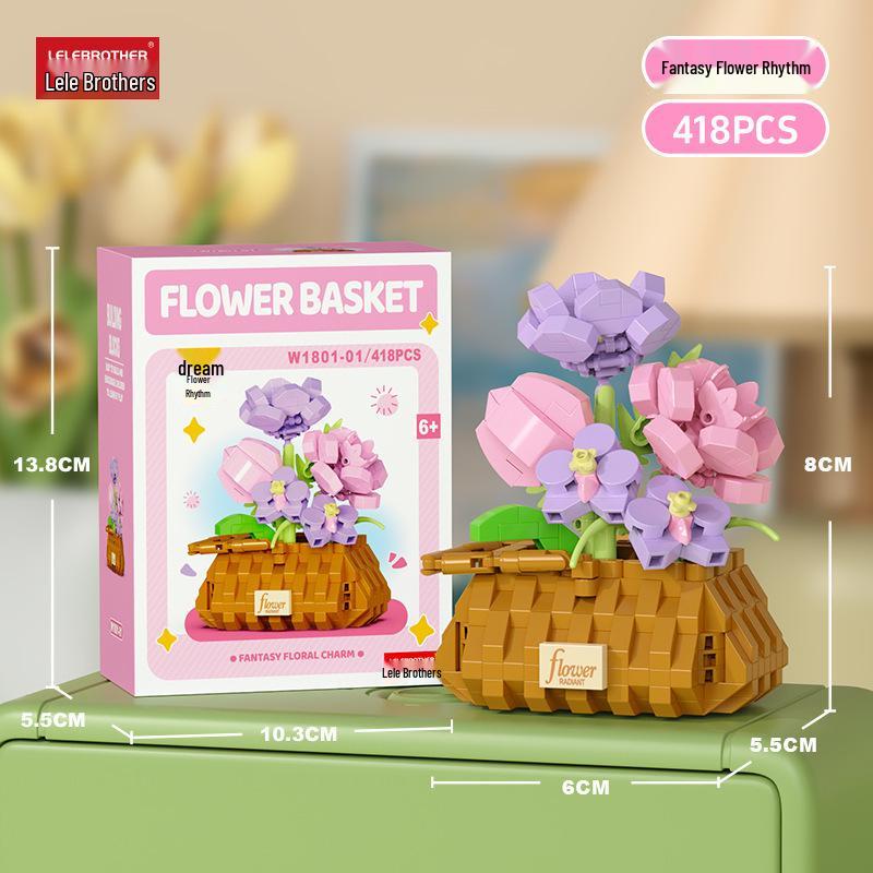 LEGO-Compatible Micro Blocks Eternal Flower Basket Bouquet - Educational Building Toy for Girls