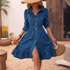 European & American Long Sleeve Patchwork Casual Dress with Lapel Collar