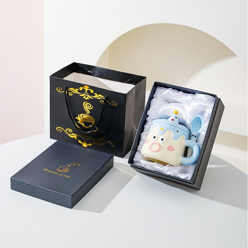 Hand Drawn Cartoon Mug with Lid Spoon Couple Drinking Water Cup Funny Expression Gift Cup Household Milk Breakfast Cup