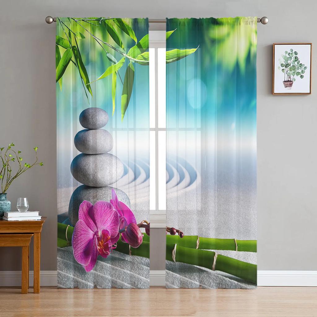 Zen Stone Forest Green Bamboo Forest Water Chiffon Transparent Curtains Perfect for Living Room Bed Chamber Decoration Window Voiles Tulle Curtain