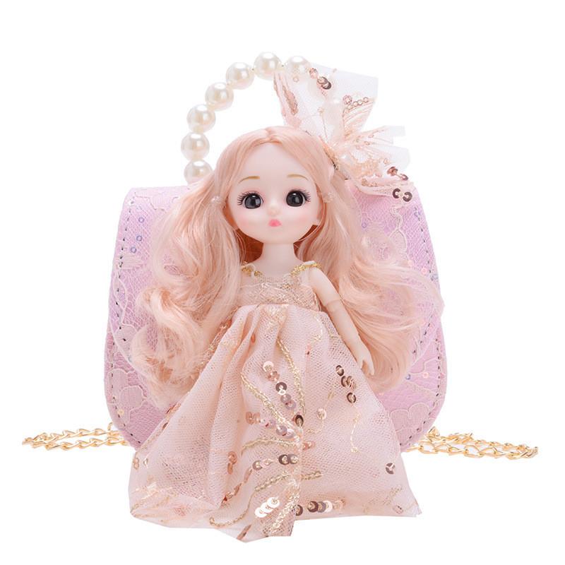 Adorable Purple And Pink Cartoon Princess Shoulder Bag For Kids With Pearl Chain Strap