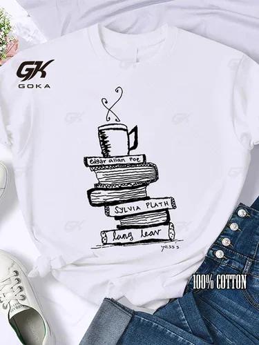 Coffee Books Brown Books American Retro Cotton T Shirt Woman Round Neck Half Sleeve T-shirts Printed Tops Woman Oversized Tees