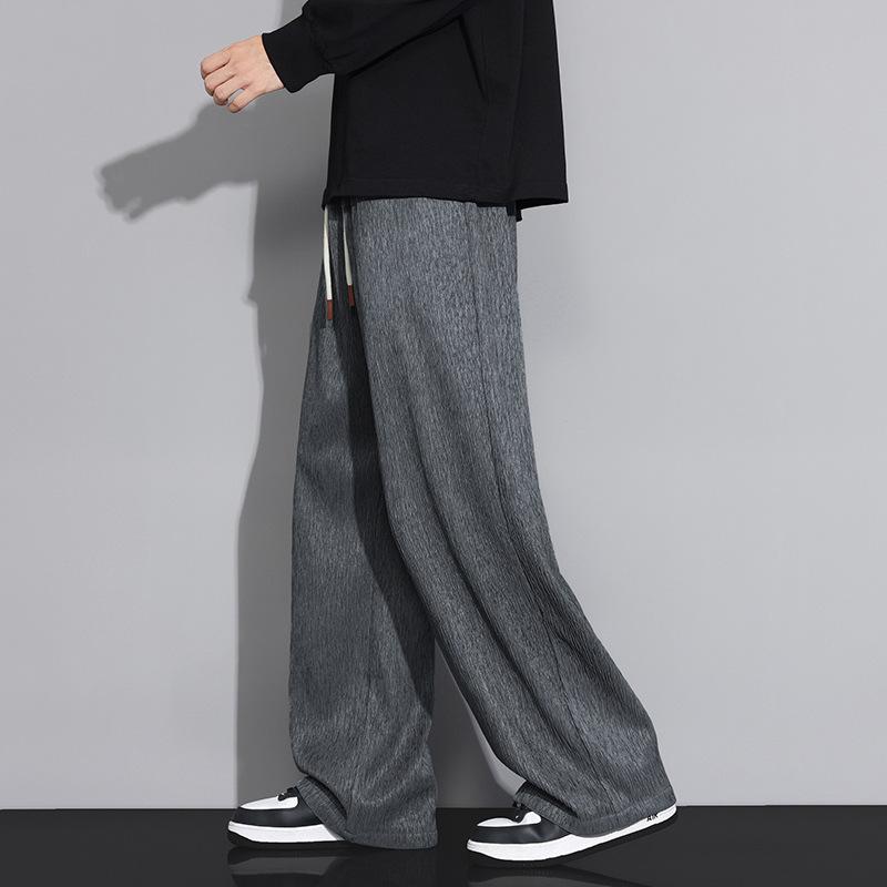 Men's White Textured Wide Leg Pants - Drawstring Waist Lightweight Casual Streetwear Trousers