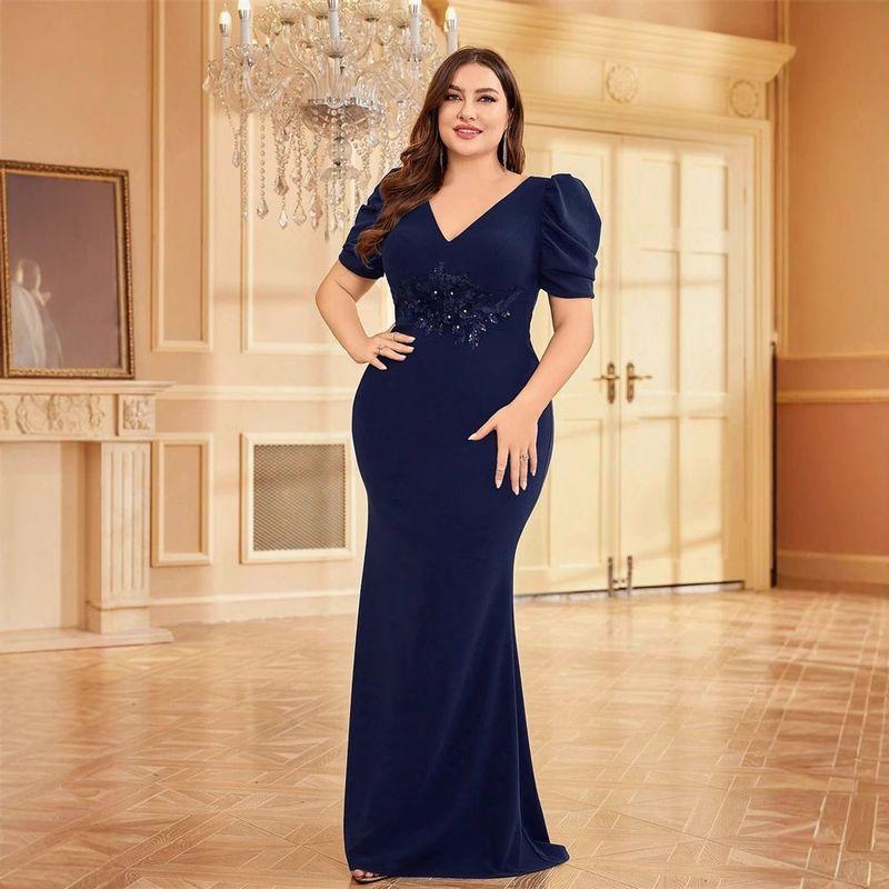High-End Plus-Size Long Dress, New European and American Style Short-Sleeve Dress, Slim-Fit Mermaid Bridesmaid Evening Gown