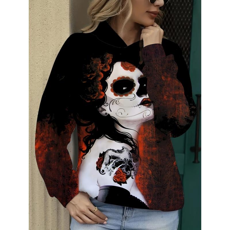 2025 Damenoberteile Herbst- und Winter-Hoodies Damen Lockerer Mexikanischer Tag der Toten Druck 3D-Druck Mode Lässiger Pullover-Hoodie