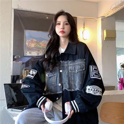 American Retro Stitching Embroidery Denim Baseball Uniform Jacket Women's Spring and Autumn Loose Korean Style