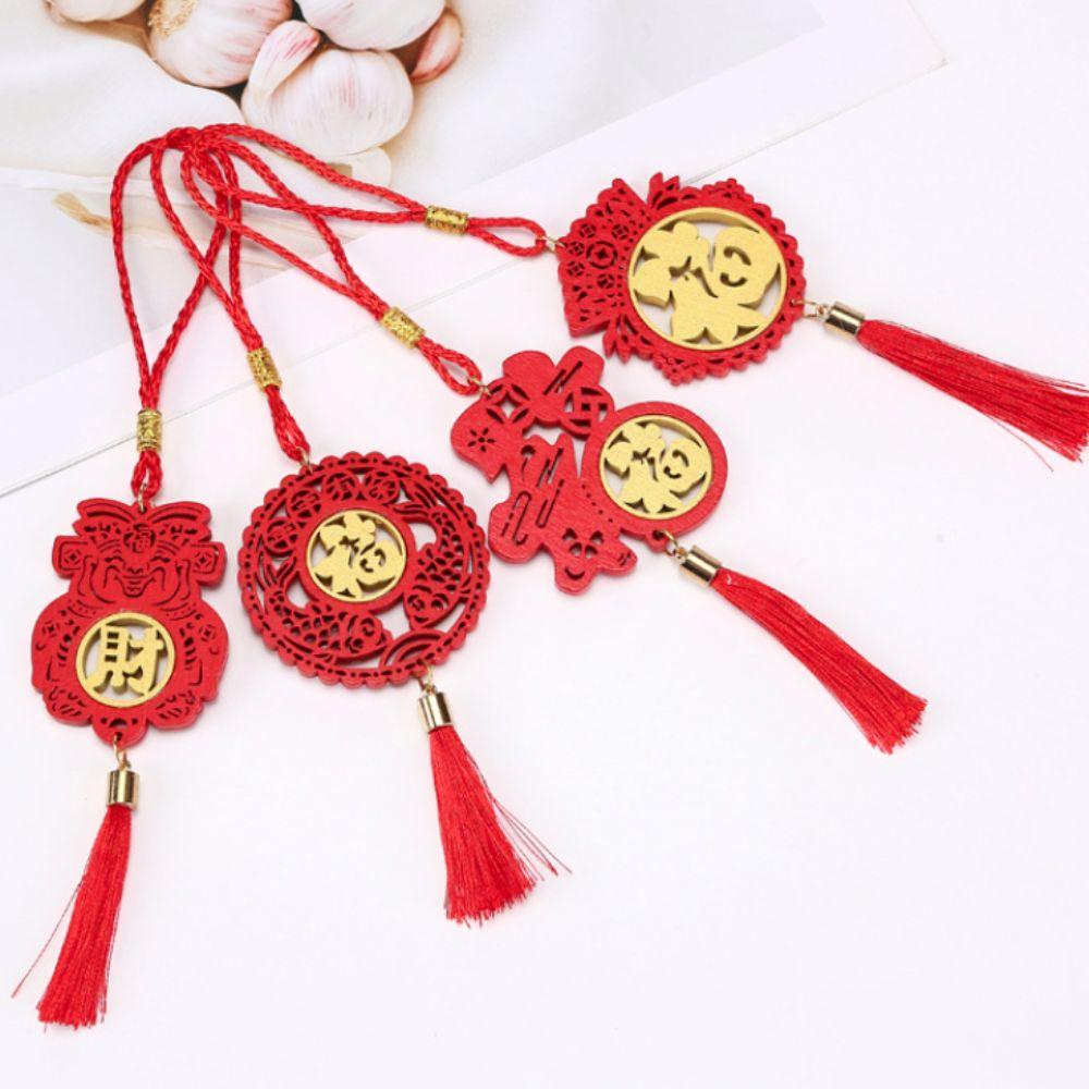 Wood Spring Festival Bonsai Pendant Laser Engraved Blessing Word Lunar New Year Hanging Ornament Red Hollow Car Pendant Bag