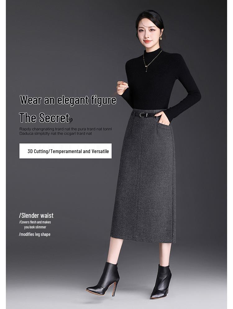 Chic High-Waisted Wool Blend Slit Skirt – 2026 Autumn/Winter Elegant Korean Style