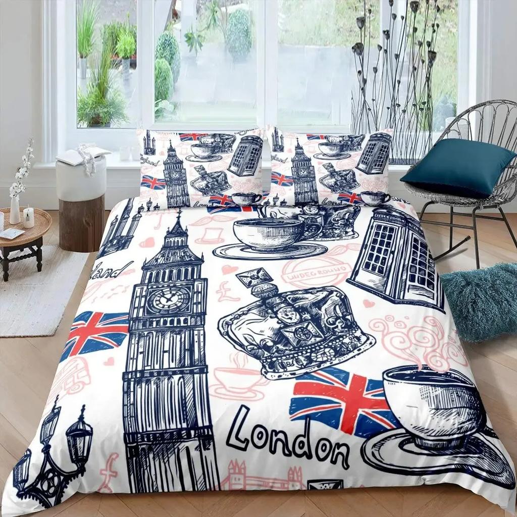 Big Ben Comforter Cover Boys Famous Telephone Booth Bedding Set for Teens Retro London Cityscape Duvet Cover Set with Pillowcase