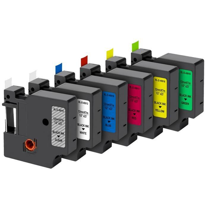 Pack of 6 Labels - Phonillico® - Dymo Compatible - 12mm Ribbons - Assorted Colors - 7m