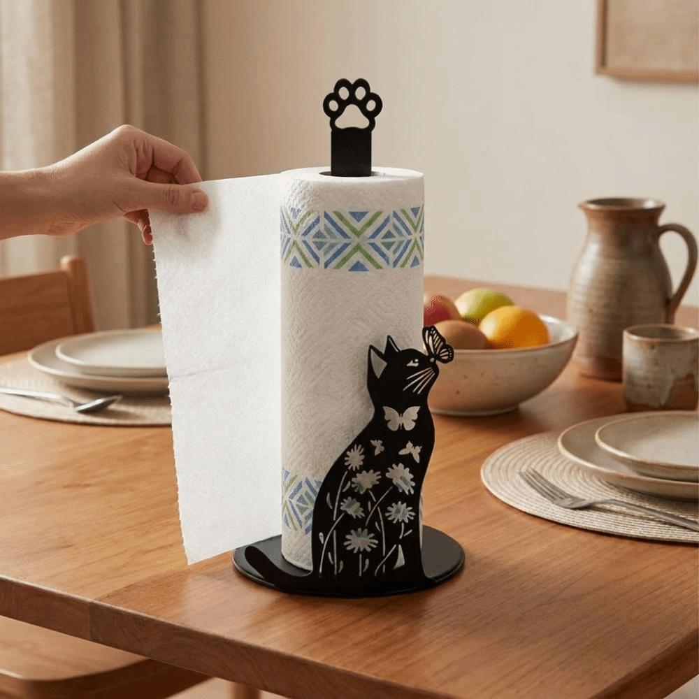 Roll Organizer Cartoon 2D Flat Cat Tissue Holder Sturdy Wooden Base Vertical Napkin Holder Decorative Kitchen Paper Rack Parties