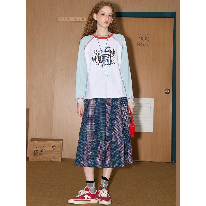 Coolhut Letter Print Raglan Long-Sleeve Patchwork Color-Blocked 2026 Spring Women's T-Shirt Base Layer Top