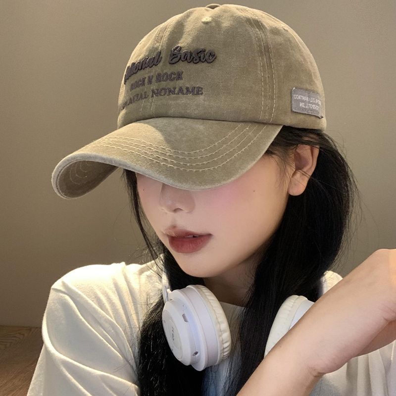 Letter Embroidered Baseball Cap Female American Retro Face-showing Small Peaked Cap Washed and Made Old Big Head Circumference Wide Brim Hat