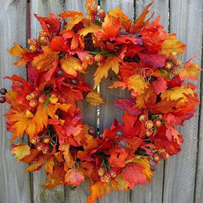 Harvest Wreath With Pumpkins Berries Vine Circle Halloween Thanksgiving Door Decor