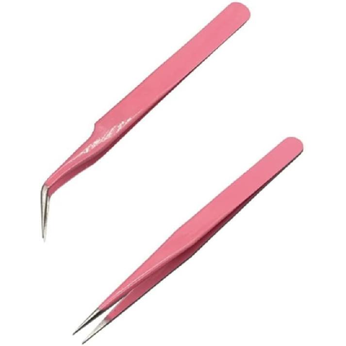 Professional Stainless Steel Eyelash Extension Tweezers Set, Pink Color, 2 Piece Precision Beauty Tools with Straight and Curved Tips, 4.76 Inch and