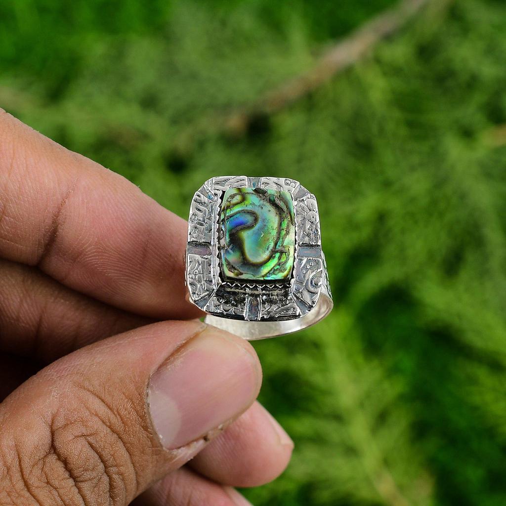925 Sterling Silver Abalone Shell Stone Wedding Promise Statement Ring Jewelry