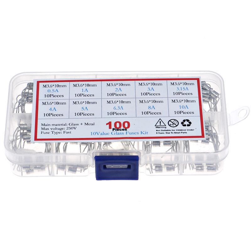 100pcs 10value 3.6*10mm 250V Double Iron Cap Axial Slow Glass Fuse Kit Box With Lead Wire 0.5A 1A 2A 3A 3.15A 4A 5A 6.3A 8A 10A Fuses4