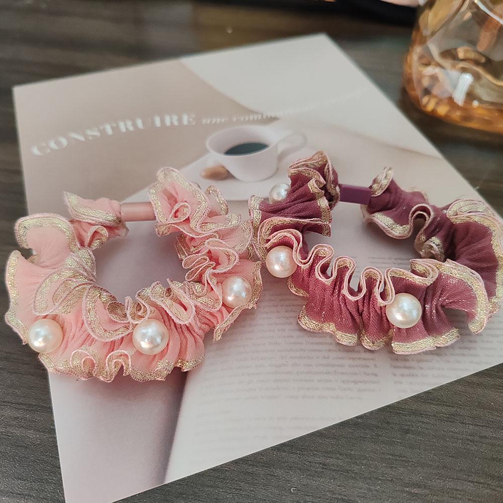 2PC European and American Lace Pearl High Elasticity Hair Ties for Women Girls Ponytail Holder Hair Rings Rope Accessories