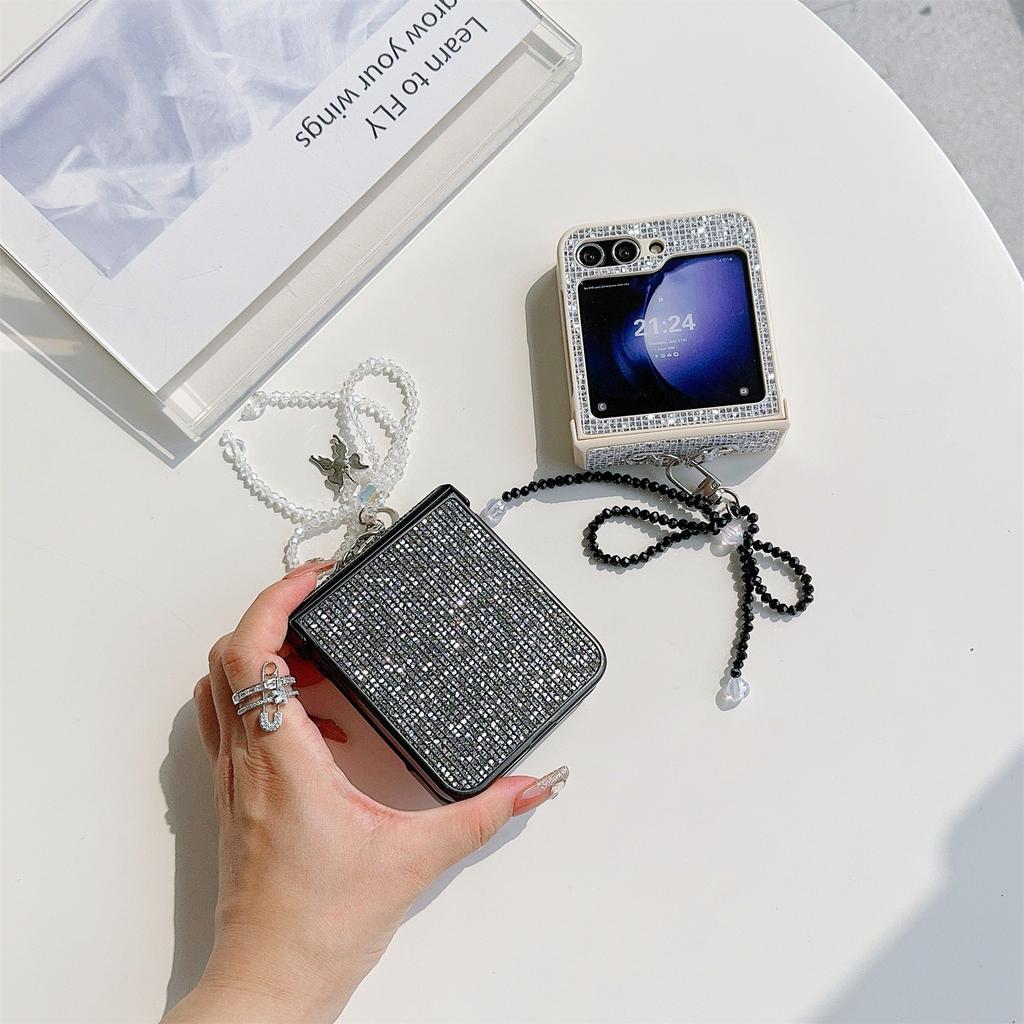 For Samsung Galaxy Z Flip5 5G Case Sequins Decor PC Phone Cover with Beaded Bowknot Pendant