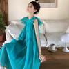 Blue small flying sleeve dress women's summer new French temperament wooden ear edge loose and thin knee medium and long skirt