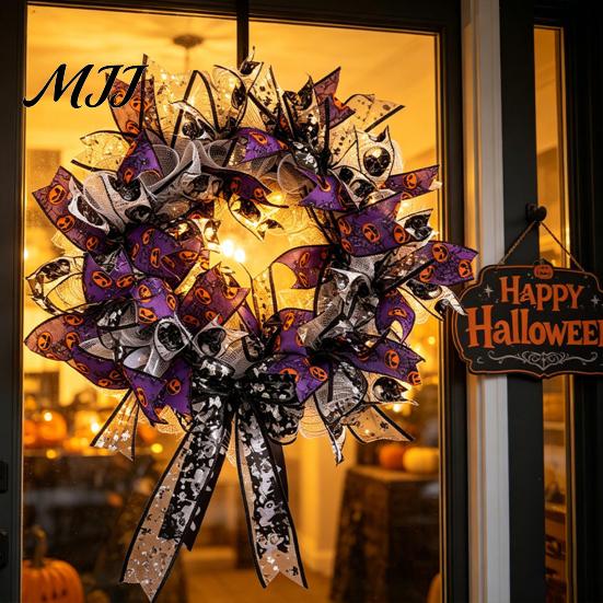 Halloween Spooky Wreath Mesh Ribbon for Front Door, Skull Pumpkin with Bow, Purple Black Stripe Decorative Garland Doors Walls Windows Decor Hook