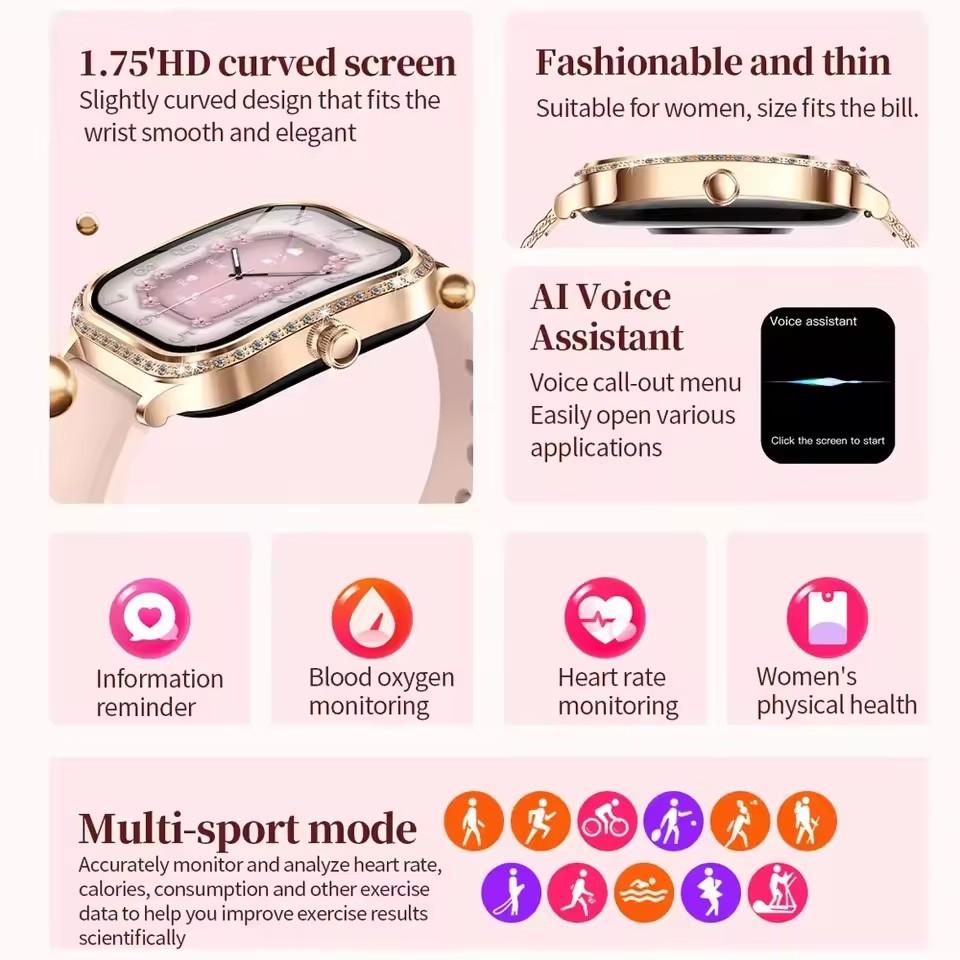 New Lady Fashion Smart Watch Women AMOLED HD Screen Heart Rate Bluetooth Call IP68 Waterproof Sports SmartWatch
