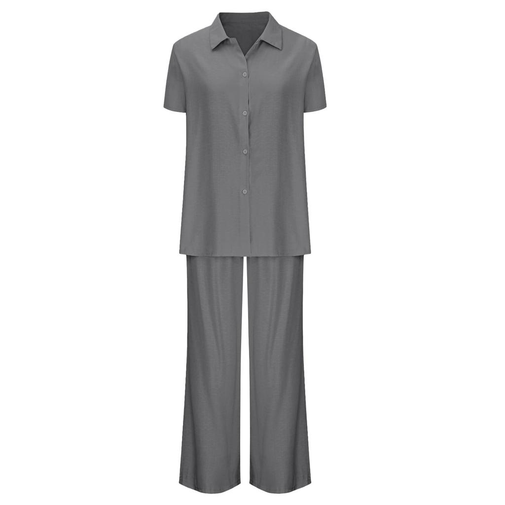 Leinen-Sets für Damen 2-teilig Kurzarmhemden & Weitbeinige Hosen Locker sitzend Schick Baumwoll-Leinen-Sets Outfits