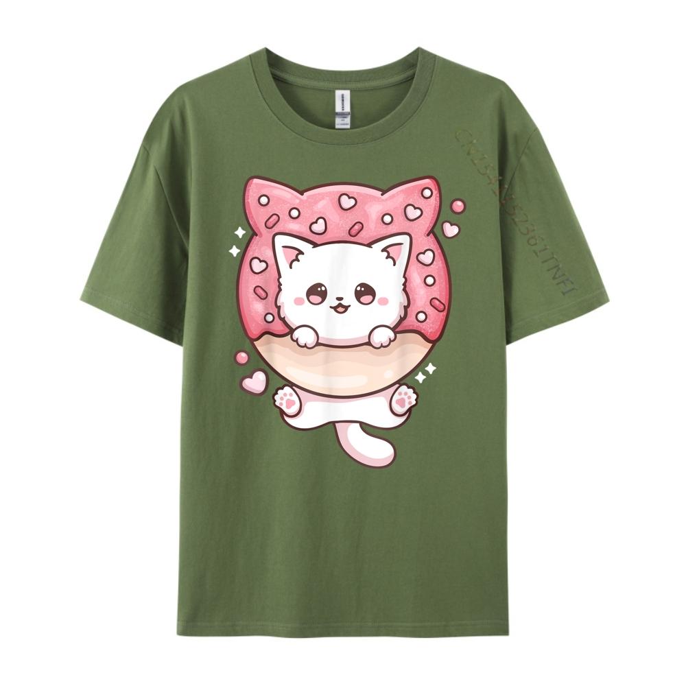 Kawaii Cat Donut Anime Lover Otaku Black Graphic T Shirts Oversized T Shirt Mens Tshirts Large Size Loose