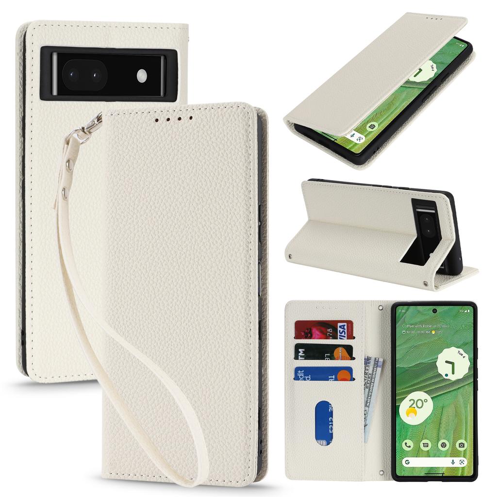 For Google Pixel 7 5G Case Stand Wallet Litchi Texture Leather Flip Phone Cover with Strap